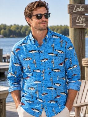 NWT Reel Classics Men's Blue Fishing-Print Button-Up Shirt